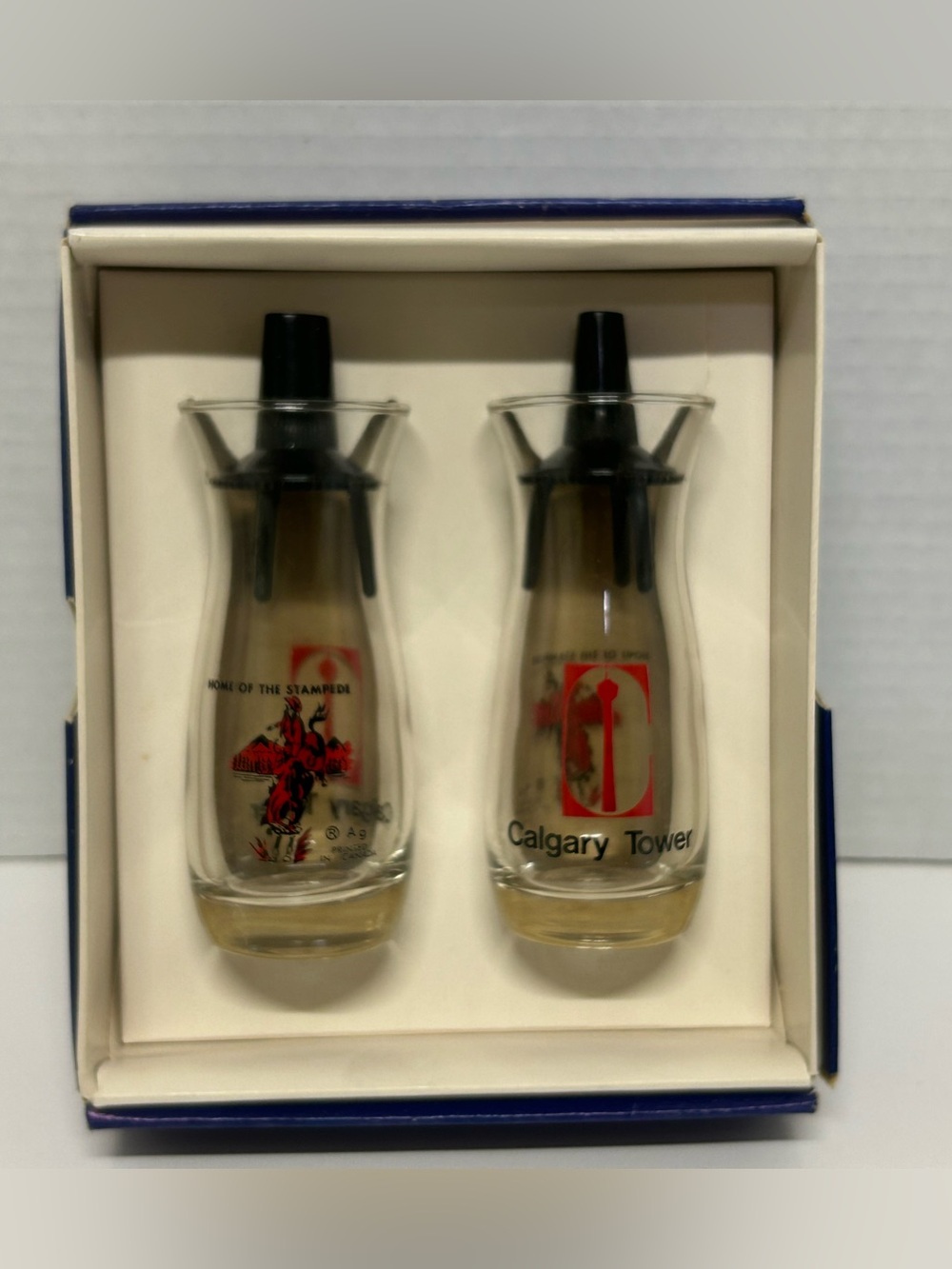 VTG Calgary Tower Home of the Stampede Glass Salt & Pepper Shakers Boxed Set